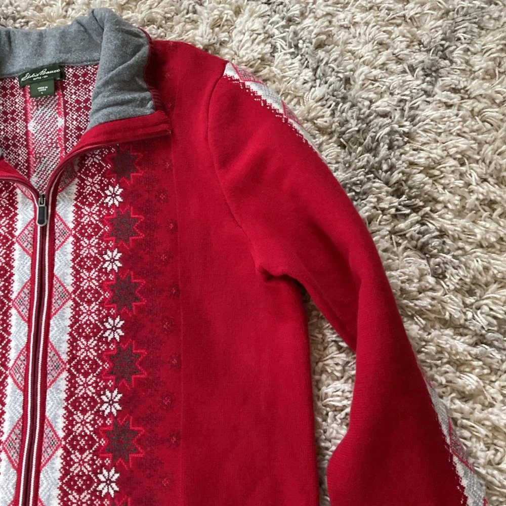 Eddie Bauer Womens Red Fair Isle Full Zip Nordic Snowflake Sweater Mock‎ Neck L